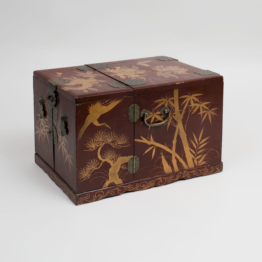 Appraisal: Japanese Gilt-Metal-Mounted Brown Lacquer Makeup Box With a fitted interior