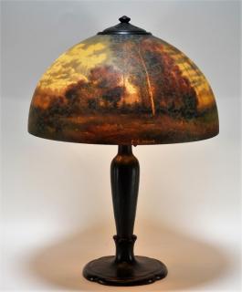 Appraisal: Handel Chipped Ice Scenic Reverse Painted Lamp NEW YORK EARLY