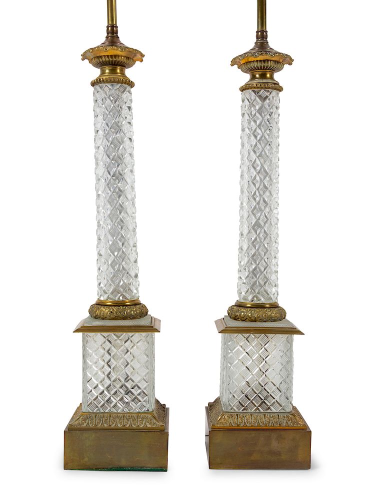 Appraisal: A Pair of Gilt Metal Mounted Cut Glass Columnar Lamps