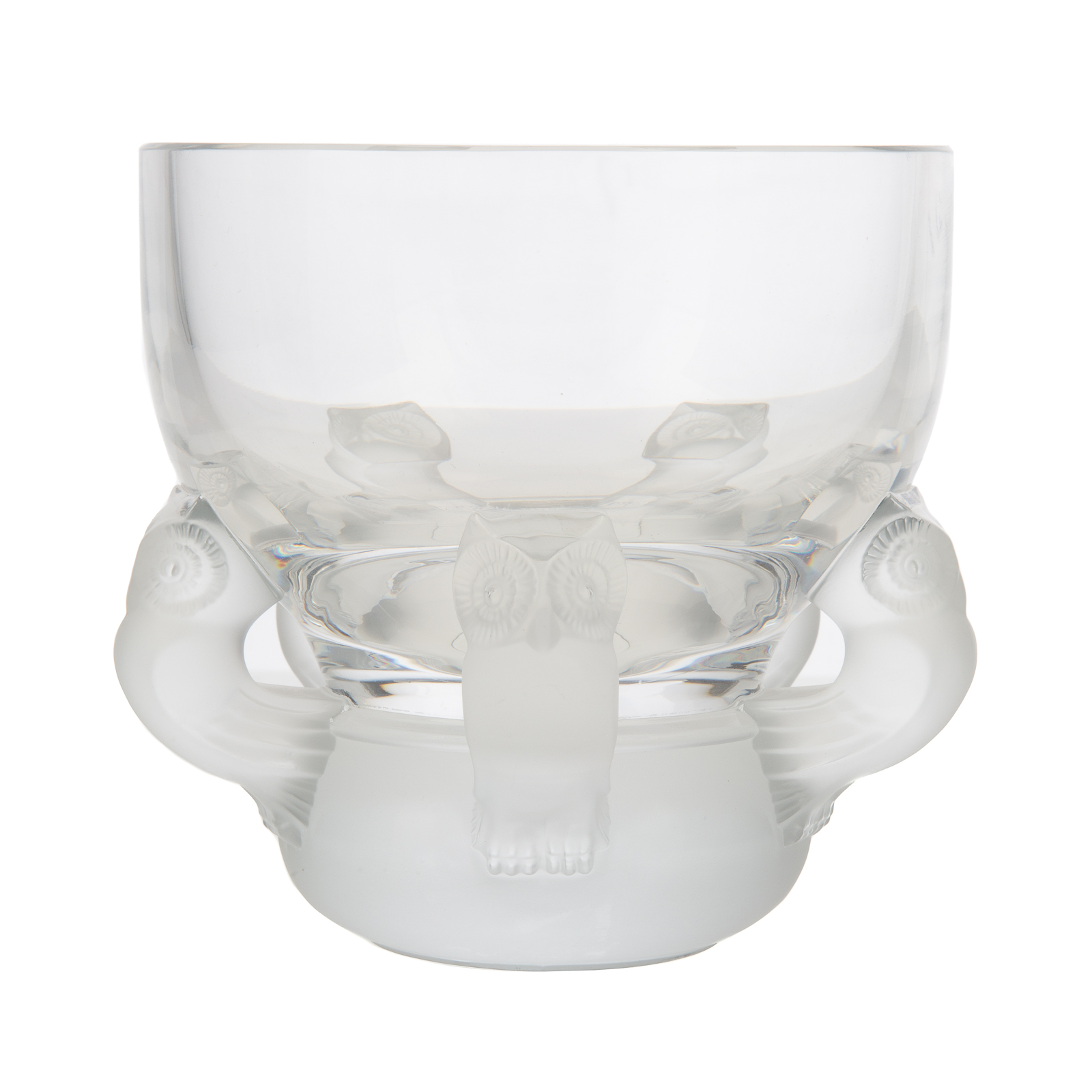 Appraisal: LALIQUE CRYSTAL HIBOUX BOWL Clear glass bowl supported by five