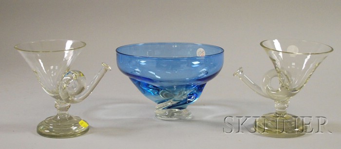 Appraisal: Pair of Colorless Art Glass Footed Cornucopias and a Contemporary