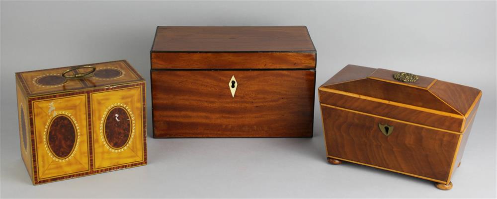 Appraisal: TWO MAHOGANY TEA CADDIES AND A FAUX BOIS BISCUIT TIN