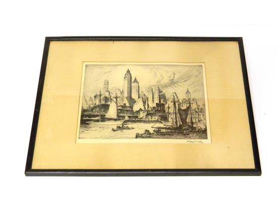 Appraisal: Nat Lowell American - etching titled ''Fulton Market'' signed lower