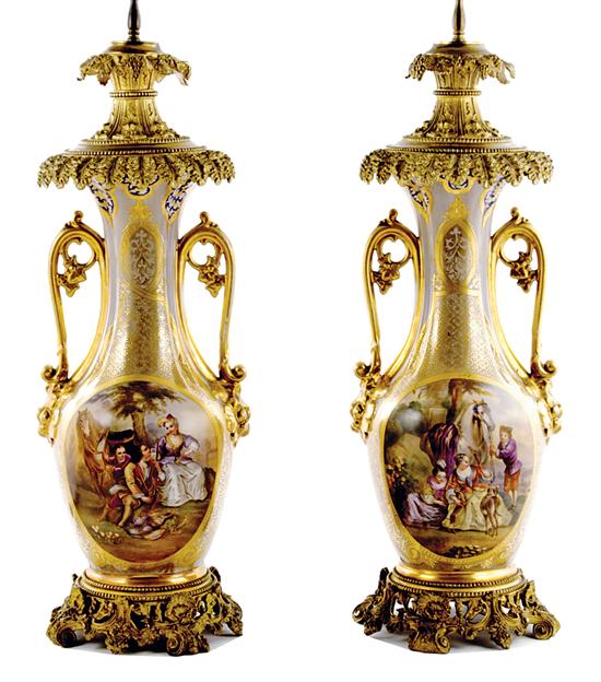 Appraisal: Pair Sevres style gilt-metal mounted porcelain urns th century flared