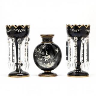 Appraisal: Fine Aesthetic Period Mantle Luster Set circa black amethyst glass