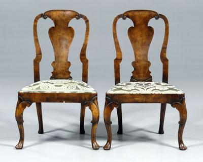 Appraisal: Pair George I style side chairs each with figured walnut