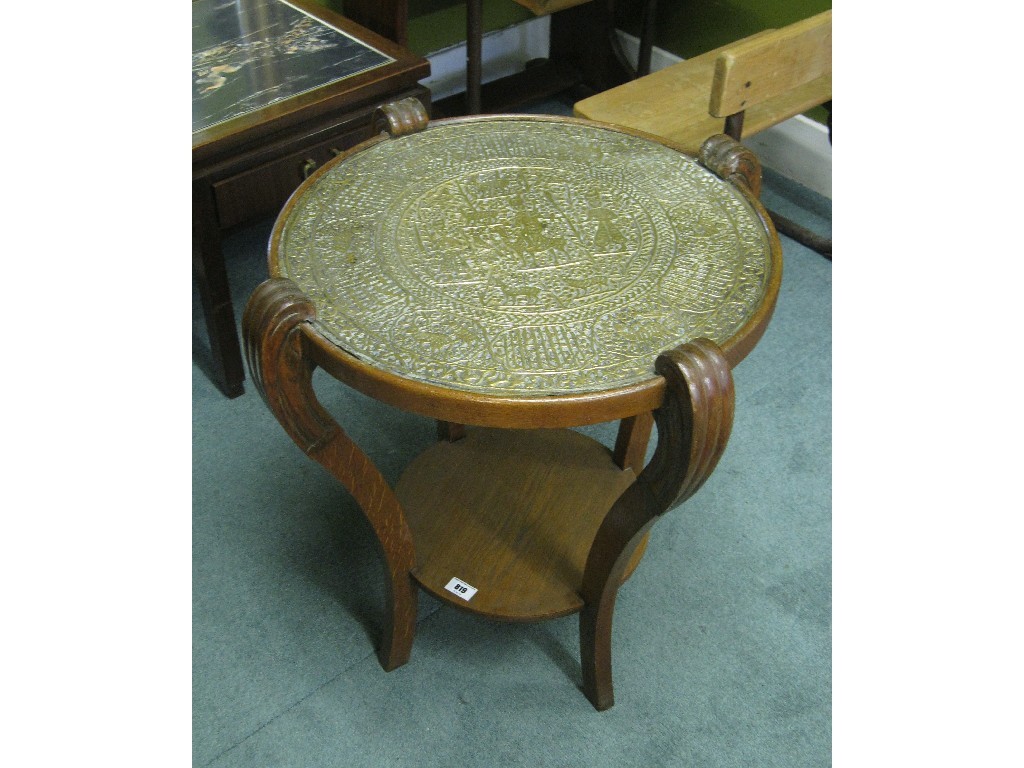 Appraisal: Oak and brass topped occasional table