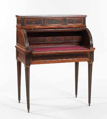 Appraisal: A Cylinder Front Writing Desk In mahogany veneers with brass