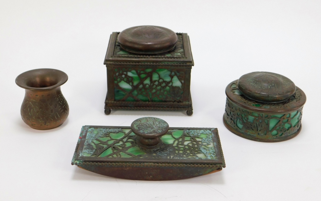 Appraisal: PC TIFFANY BRONZE SLAG GLASS DESK SET New York Early