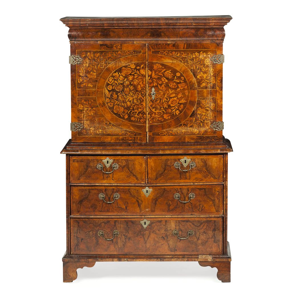 Appraisal: WILLIAM AND MARY WALNUT AND MARQUETRY CABINET ON CHEST LATE