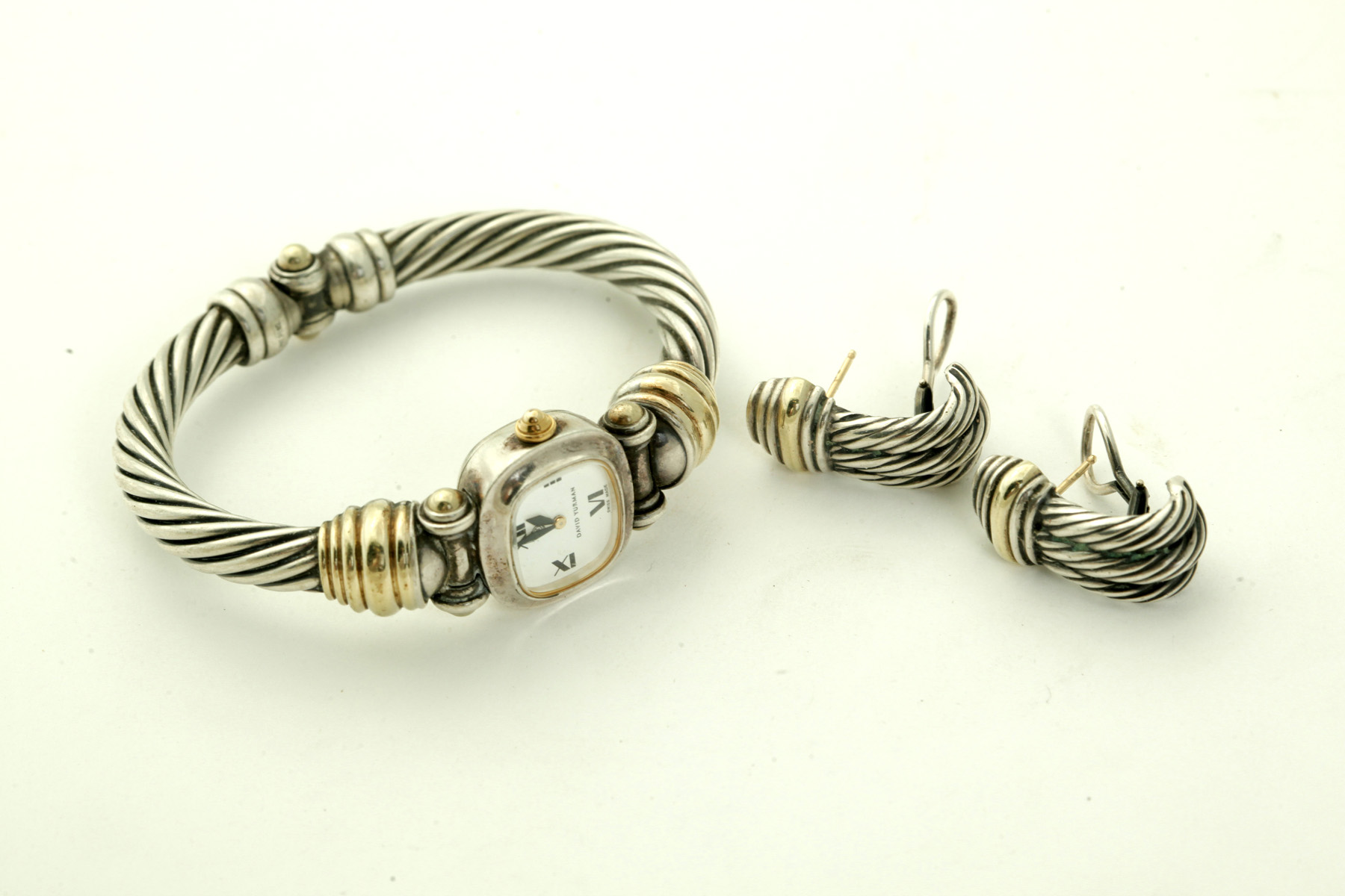 Appraisal: DAVID YURMAN CABLE WATCH AND EARRINGS th century Sterling silver