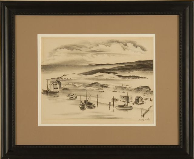 Appraisal: FRAMED BLACK AND WHITE LITHOGRAPH Circa Boats and boathouses along