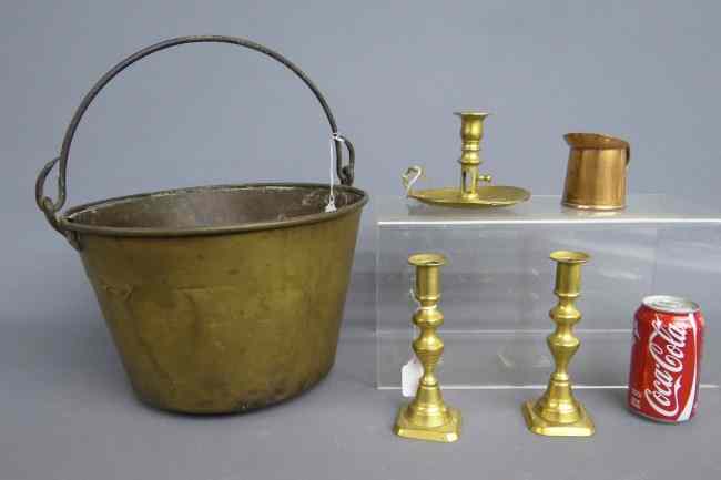 Appraisal: Early metalware lot including brass bucket dated copper measure pair