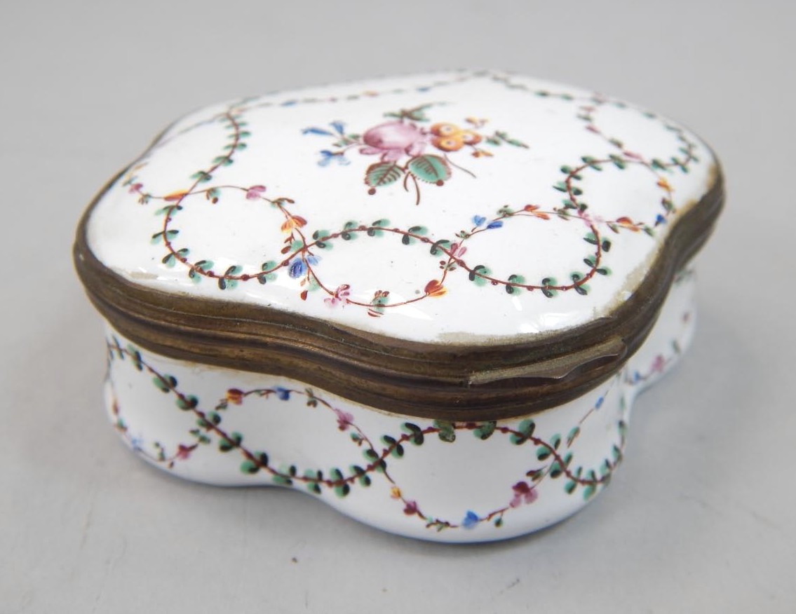 Appraisal: A thC enamelled patchbox the shaped lid polychrome decorated with