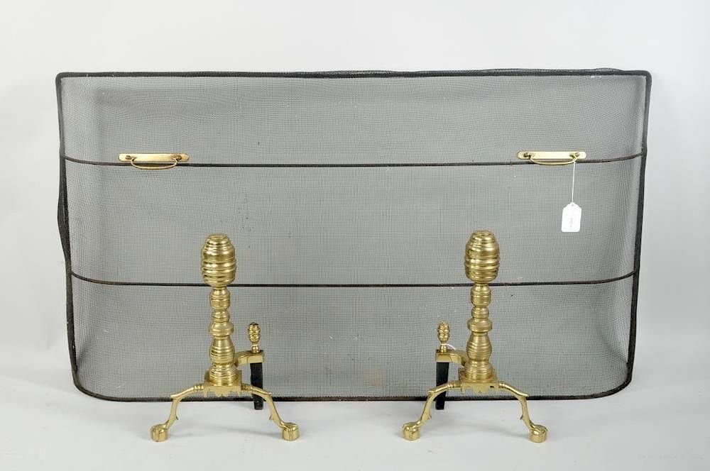 Appraisal: Pair Turned Brass Andirons w Firescreen Pair of turned brass