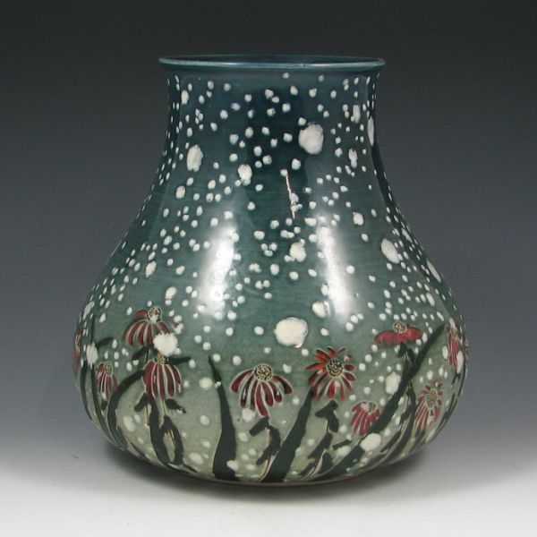 Appraisal: Tim Eberhardt vase with snow and coneflowers Signed Tim Eberhardt