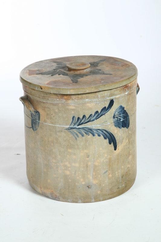 Appraisal: CROCK WITH LID American mid th century stoneware Cobalt brushed