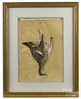 Appraisal: Pair of watercolor and feather works of hanging gamebirds early