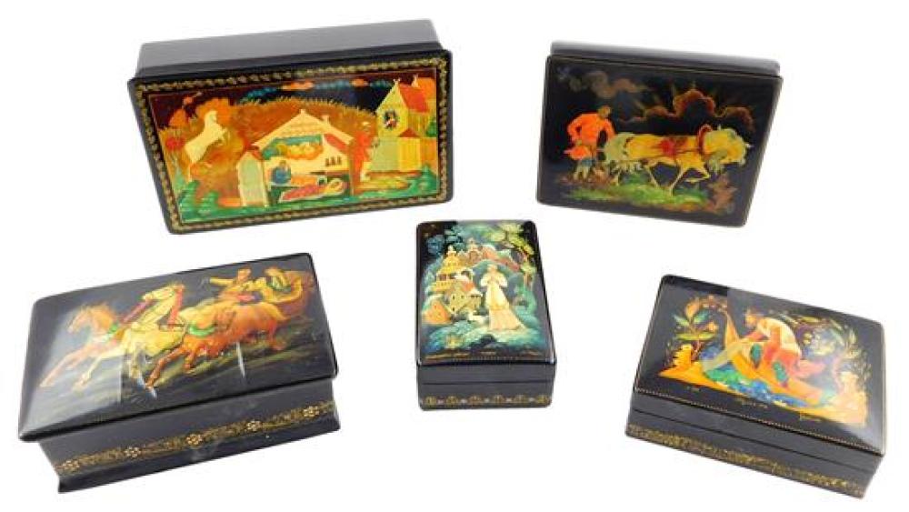 Appraisal: Russian hand-painted lacquer boxes five pieces details include Troika in