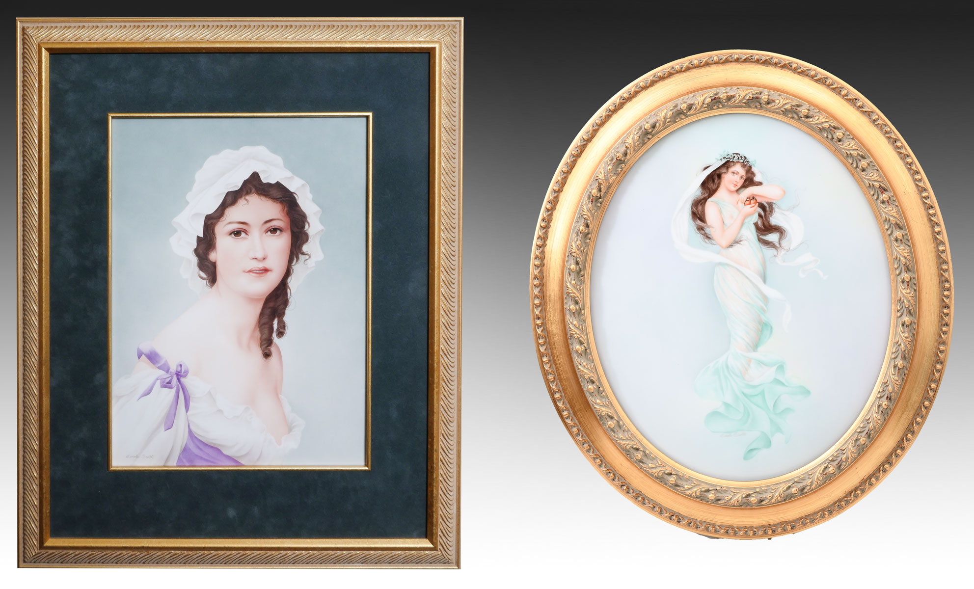 Appraisal: TWO CAROLE SCOTT PAINTED PORCELAIN PLAQUES A Young Beautiful Milkmaid