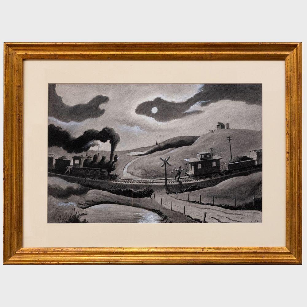 Appraisal: Thomas Hart Benton - Night Encounter of Two Trains Ink