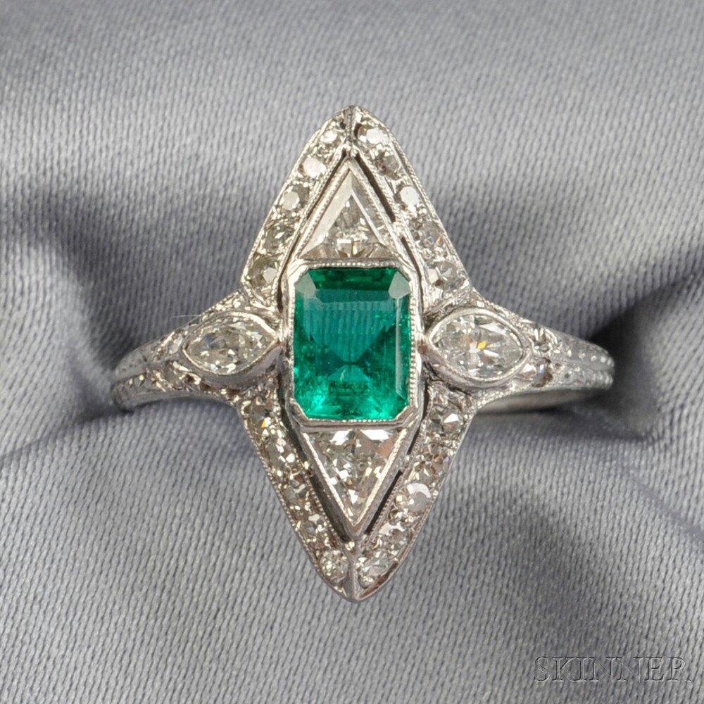 Appraisal: Art Deco Platinum Emerald and Diamond Ring bezel-set with an