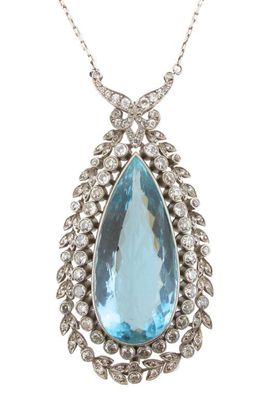 Appraisal: An aquamarine and diamond pendant The large pear shaped aquamarine