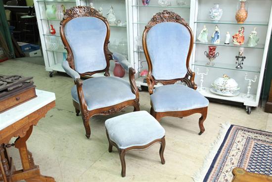 Appraisal: LADIES AND GENTLEMEN'S CHAIRS AND STOOL In walnut with blue