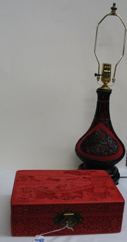 Appraisal: A RED CARVED CINNABAR JEWELRY BOX AND CINNABAR TABLE LAMP