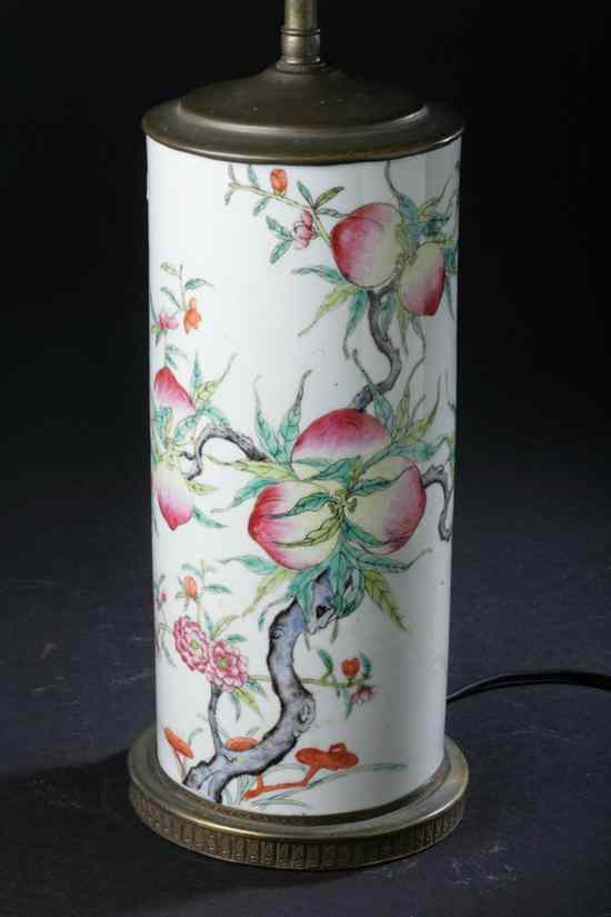 Appraisal: CHINESE FAMILLE ROSE PORCELAIN CYLINDRICAL PEACH VASE th century Electrified