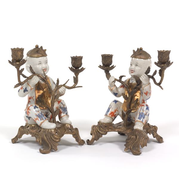 Appraisal: PAIR OF CHINOISERIE CRACKLED GLAZE PORCELAIN AND BRONZE FIGURAL CANDELABRA