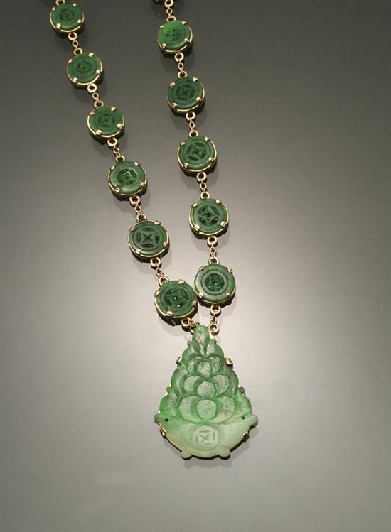 Appraisal: Princess Length -Karat Yellow-Gold and Green Jadeite Jade Necklace The