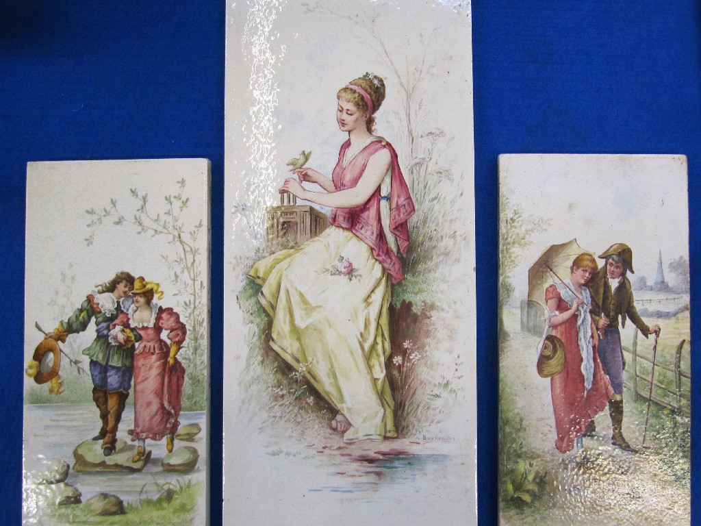 Appraisal: Three handpainted tiles the two smaller each painted with a