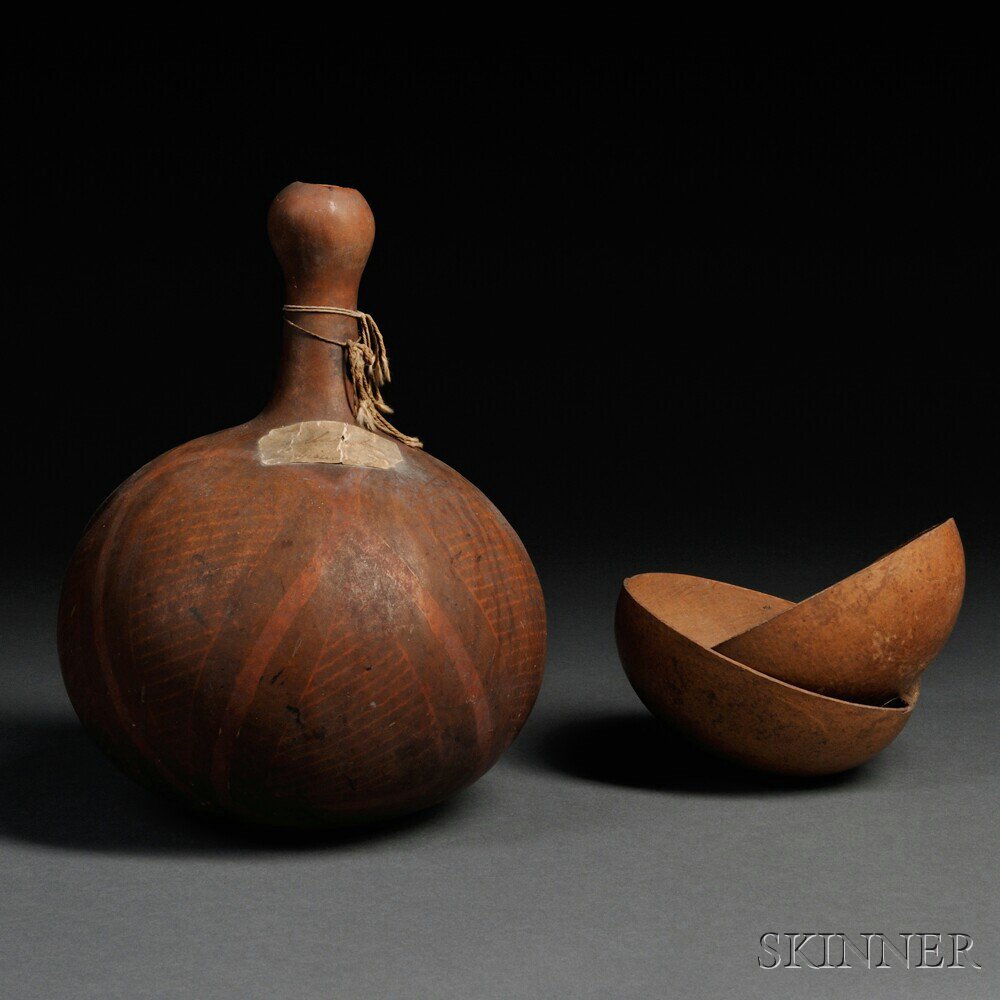 Appraisal: Rare Hawaiian Decorated Gourd Umeke Pawehe and Two Coconut Shell