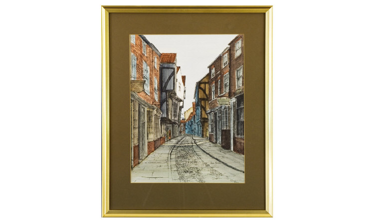 Appraisal: Jane Pearson Framed Watercolour Titled The Shambles York Signed Bottom