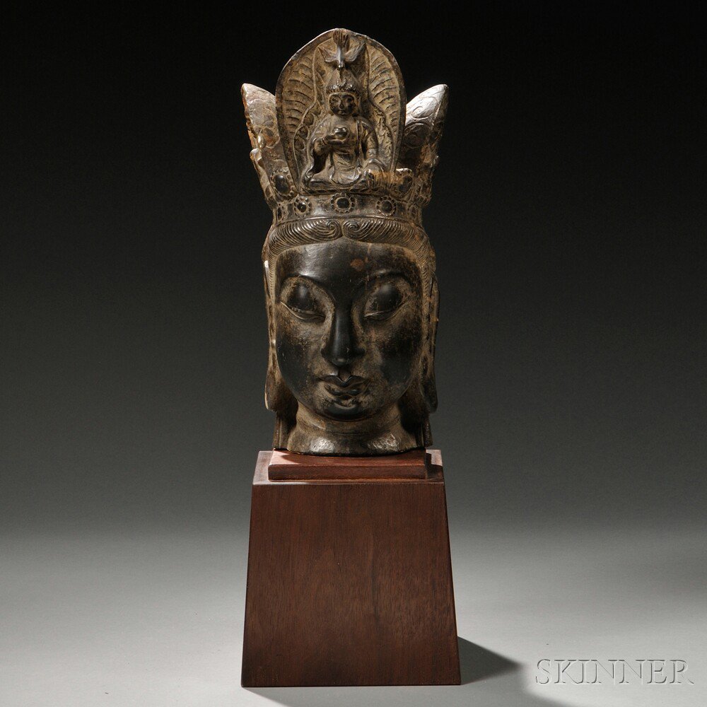 Appraisal: Black Stone Head of Avalokitesvara possibly China the Bodhisattva adorned