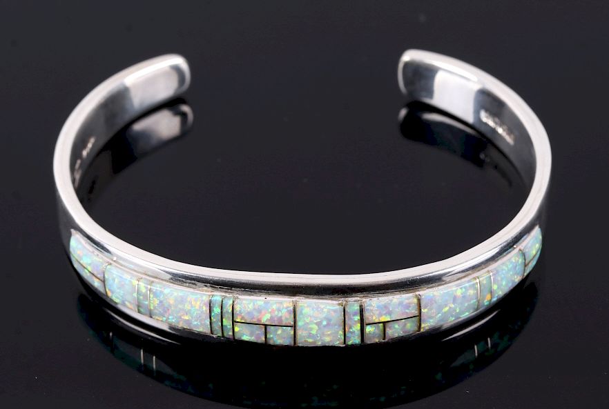 Appraisal: Navajo Fire Opal Inlaid Sterling Bracelet Included in this lot