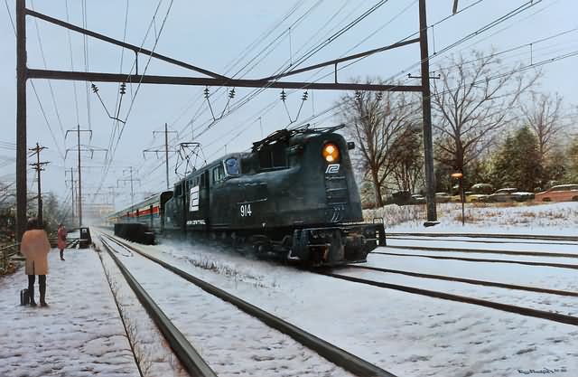 Appraisal: Winter scene with Penn Central train people waiting oil on