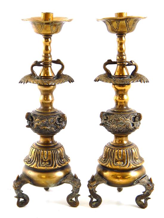 Appraisal: ASIAN Pair early th C Japanese Buddhist brass altar candlesticks