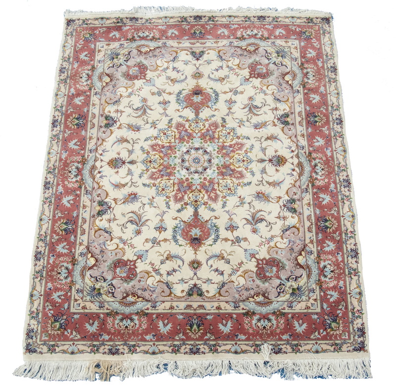 Appraisal: TABRIZ RUG Lobed floral terra cotta medallion with gold sky