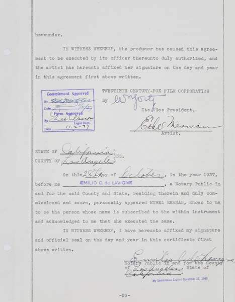 Appraisal: ETHEL MERMAN Two picture studio contract signed by Merman October