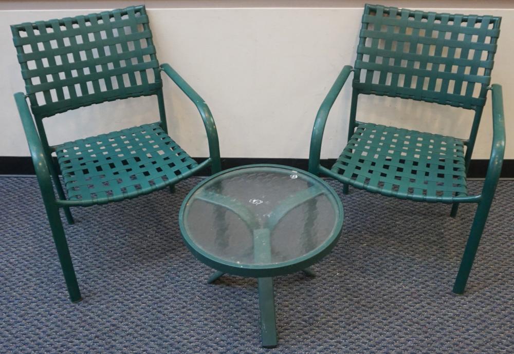 Appraisal: PAIR GREEN PAINTED METAL ARMCHAIRS AND TABLEPair Green Painted Metal