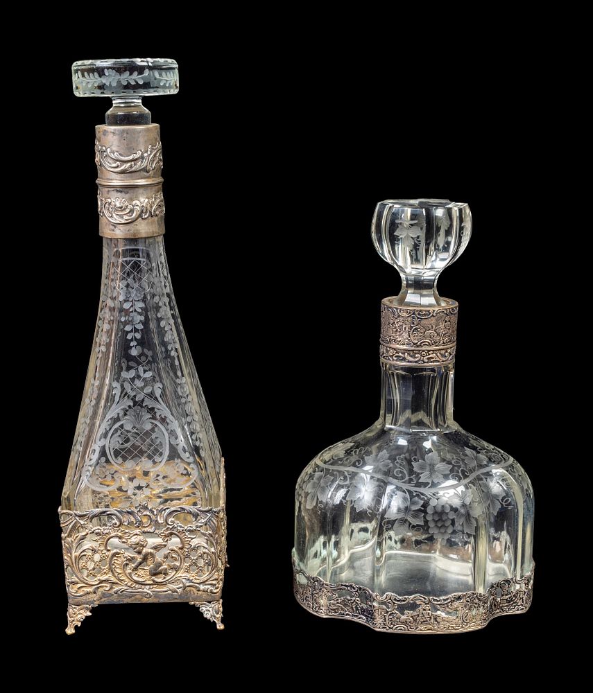 Appraisal: Two Continental Silver-Mounted Etched Glass Decanters Height of tallest inches