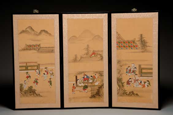 Appraisal: ANTIQUE JAPANESE PAPER SCREEN Antique Japanese three-panel ink and colors