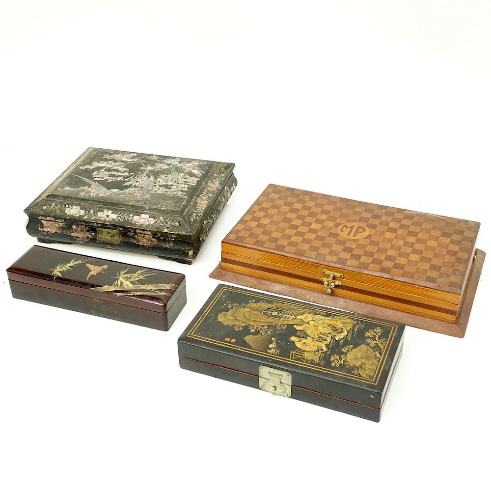 Appraisal: Four Vintage Wooden Boxes Grouping of Four Vintage Wooden Boxes