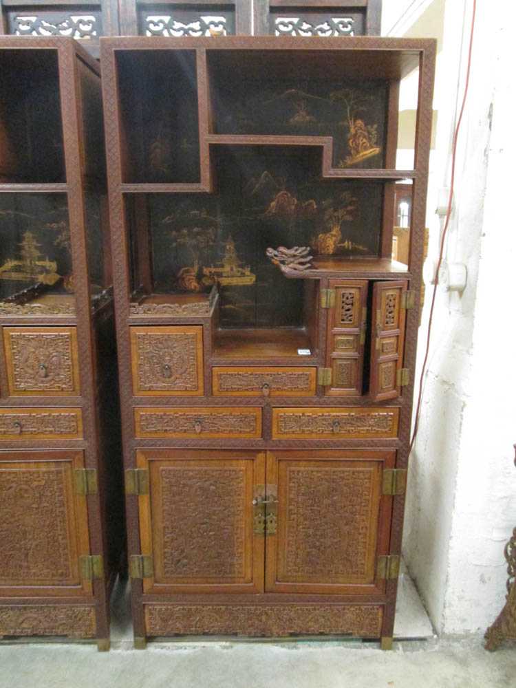 Appraisal: CARVED TEAK DISPLAY ETAGERE ON CABINET Chinese early th century