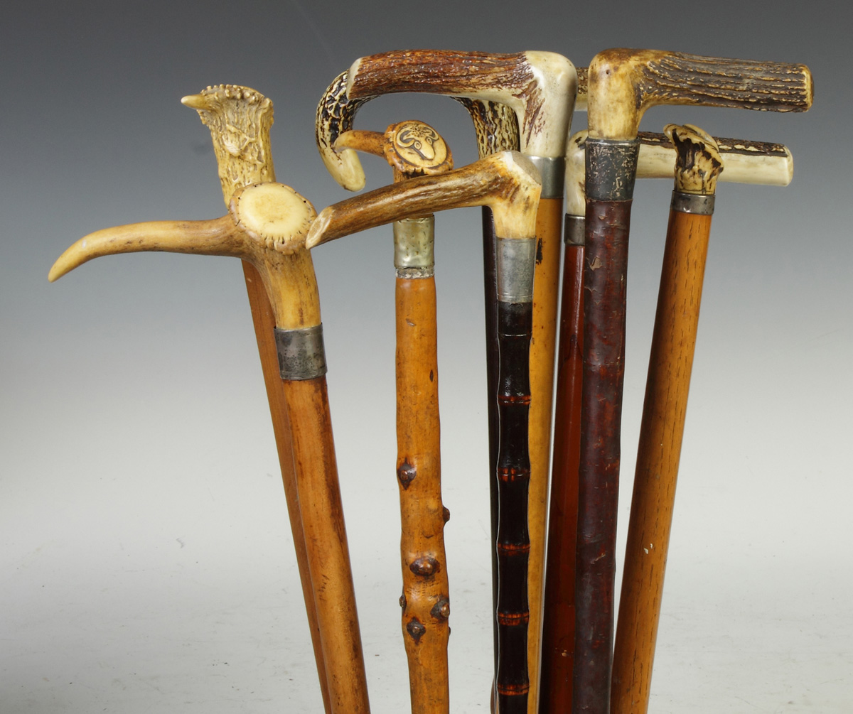 Appraisal: Group of Ten Carved Antler Canes