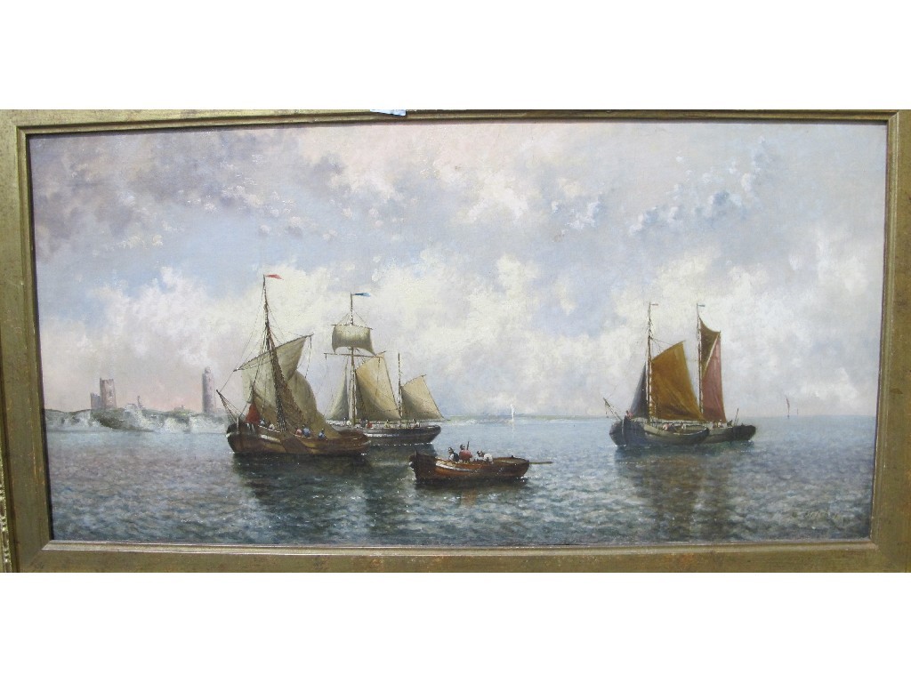 Appraisal: E FLETCHER Oil on canvas 'Fishing Boats off a Shore'