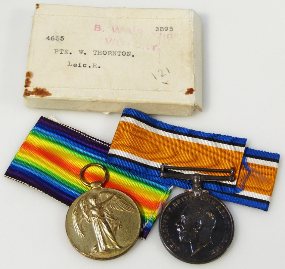 Appraisal: A WWI Campaign and Victory medal marked PTE W Thornton