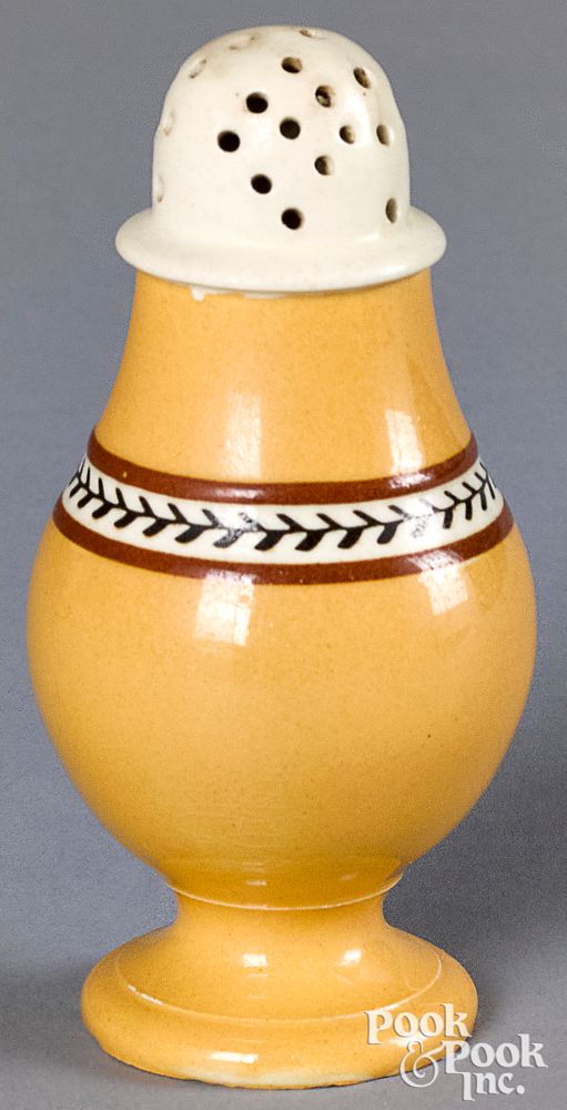 Appraisal: Mocha pepperpot with yellow glaze and twig band Mocha pepperpot